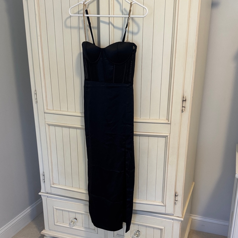 Meshki Black Strapless Midi Dress with Gold Chain Straps